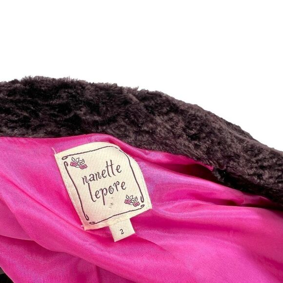 Nanette Lepore Chocolate Brown Crushed Velvet Cropped Evening Jacket Pink Bow 2 - Picture 7 of 14